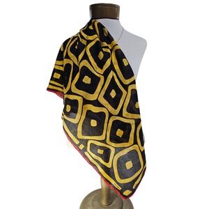 Vintage 80s Albert Nipon Silk Scarf Black Yellow Geometric Print Red Trim Accent